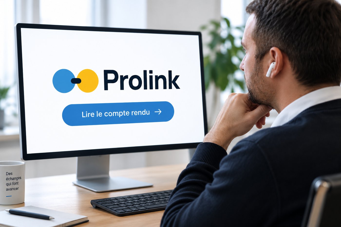 Décideur lisant le compte rendu IA de sa table ronde sur Prolink
