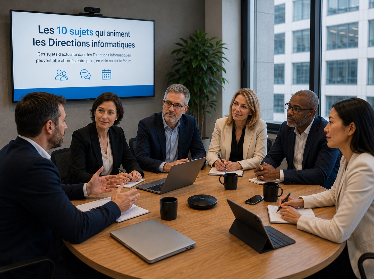 DSI et responsables IT en réunion, écran « Les 10 sujets qui animent les Directions informatiques »